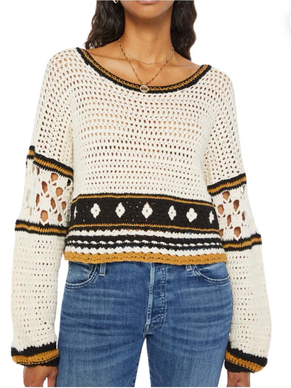 MOTHER The Bell Sleeve Cream Crochet Pull Over Sweater Sand Dune XS EUC